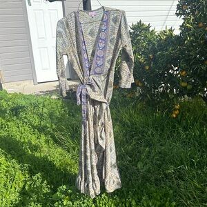 Maxi Floral Wrap Dress with Blue Accents and Bottom Ruffle